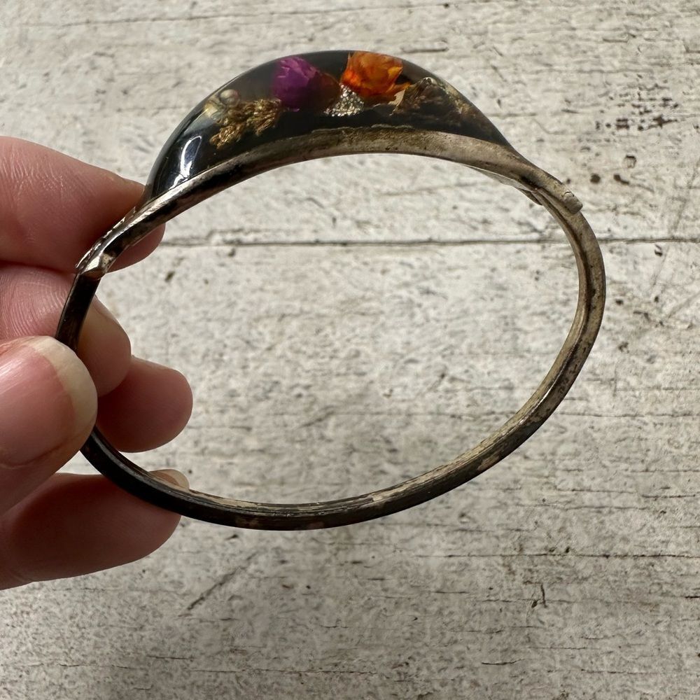 Vintage Sterling Silver Pressed Flower Lucite Bracelet